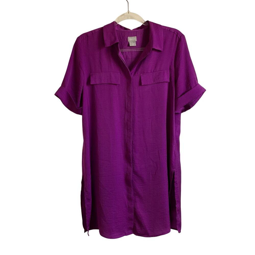 Chico’s Women’s Short Sleeve Satin Purple Button Up Tunic - Size Medium